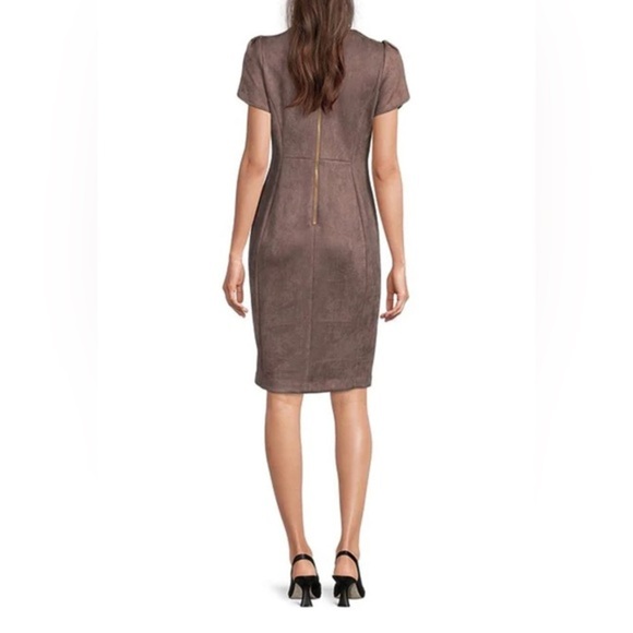 CALVIN KLEIN tan Faux suede luxe Round neckline tulip sleeve Sheath dress size 6 - Picture 3 of 3